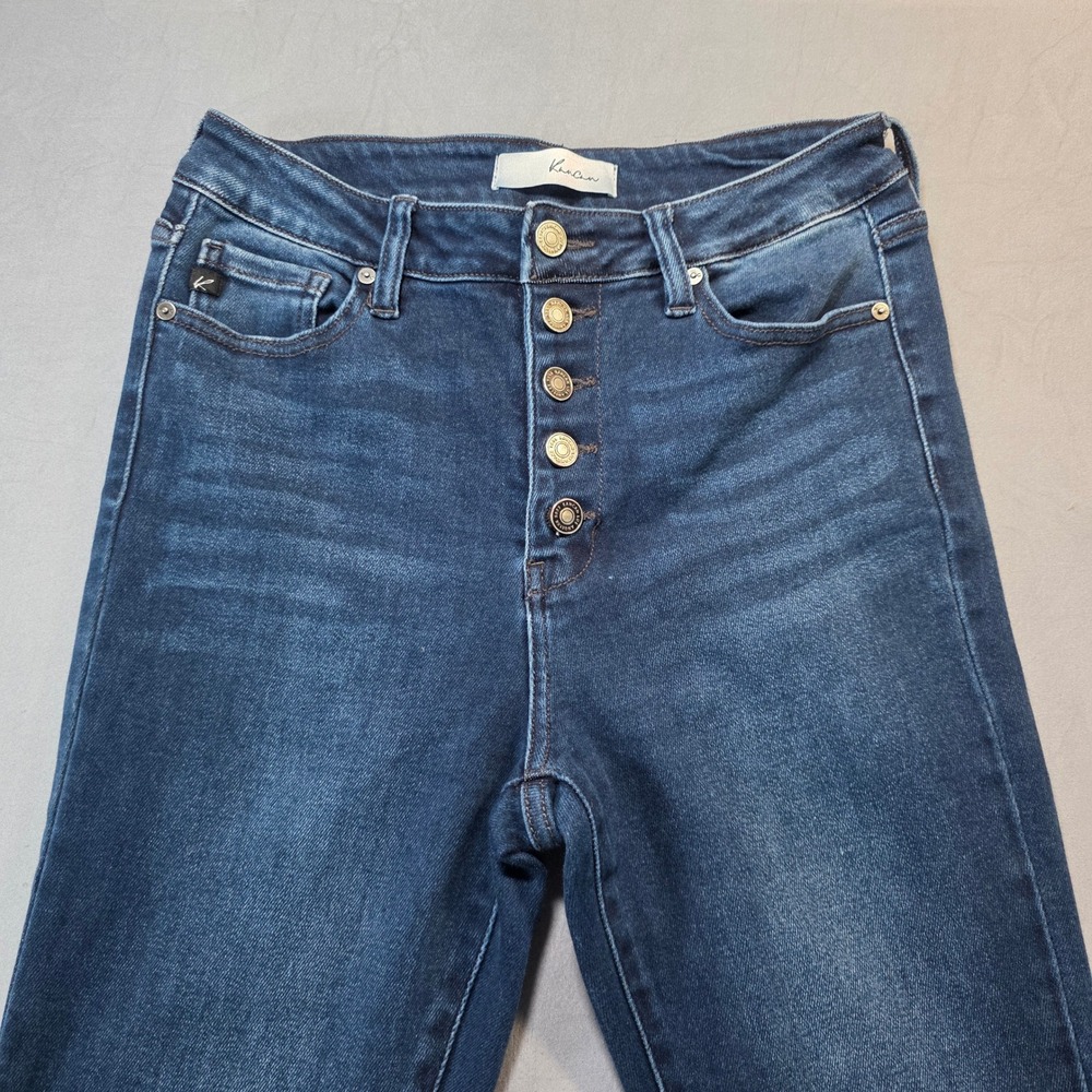 KanCan High Rise Flare Jeans Dark Wash Button Fly Raw Hem KC7138D Size 9 (28) - Picture 9 of 13